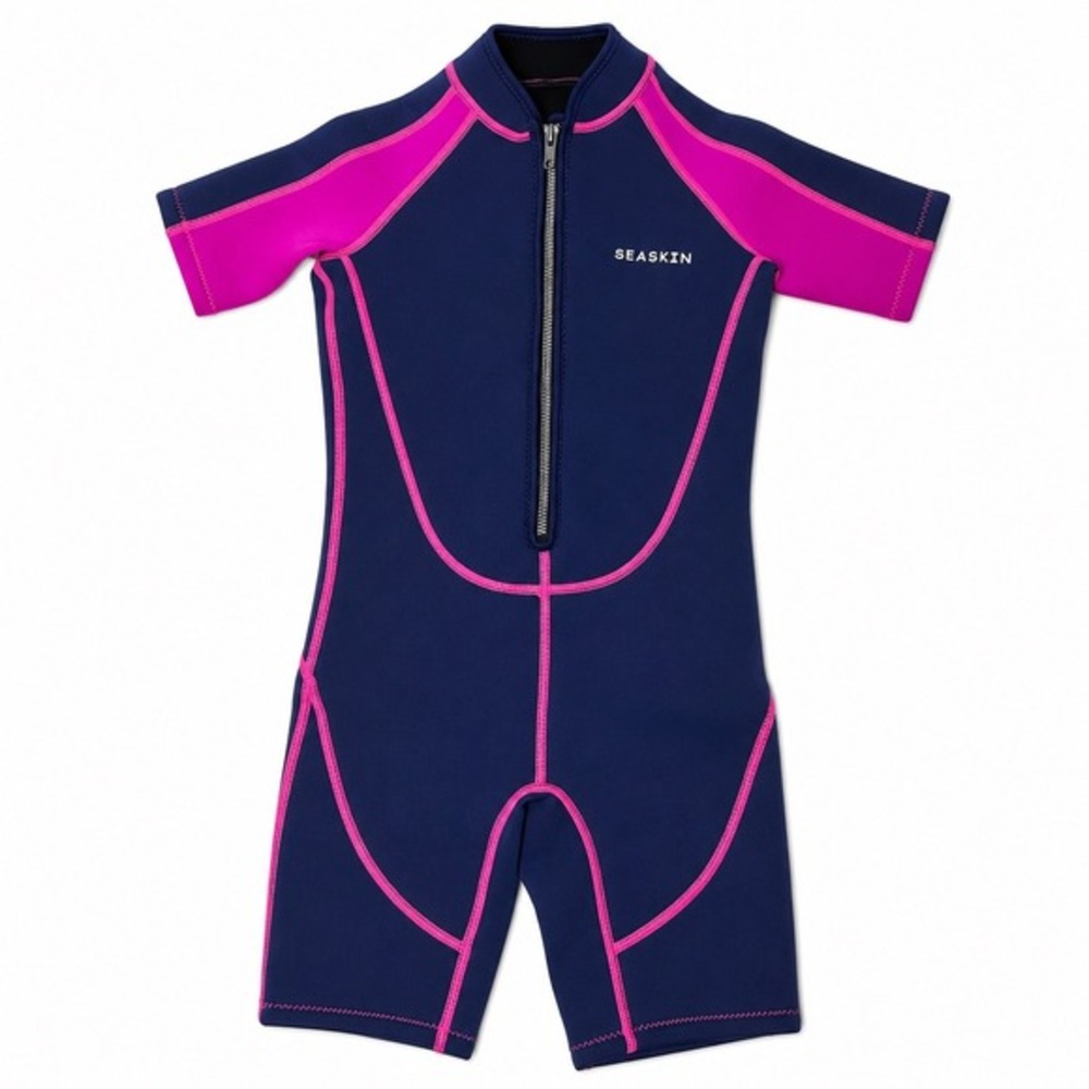 Seaskin Kids Shorty Wetsuit Girls Size 8 Navy Pink Neoprene Surf Swim Suit